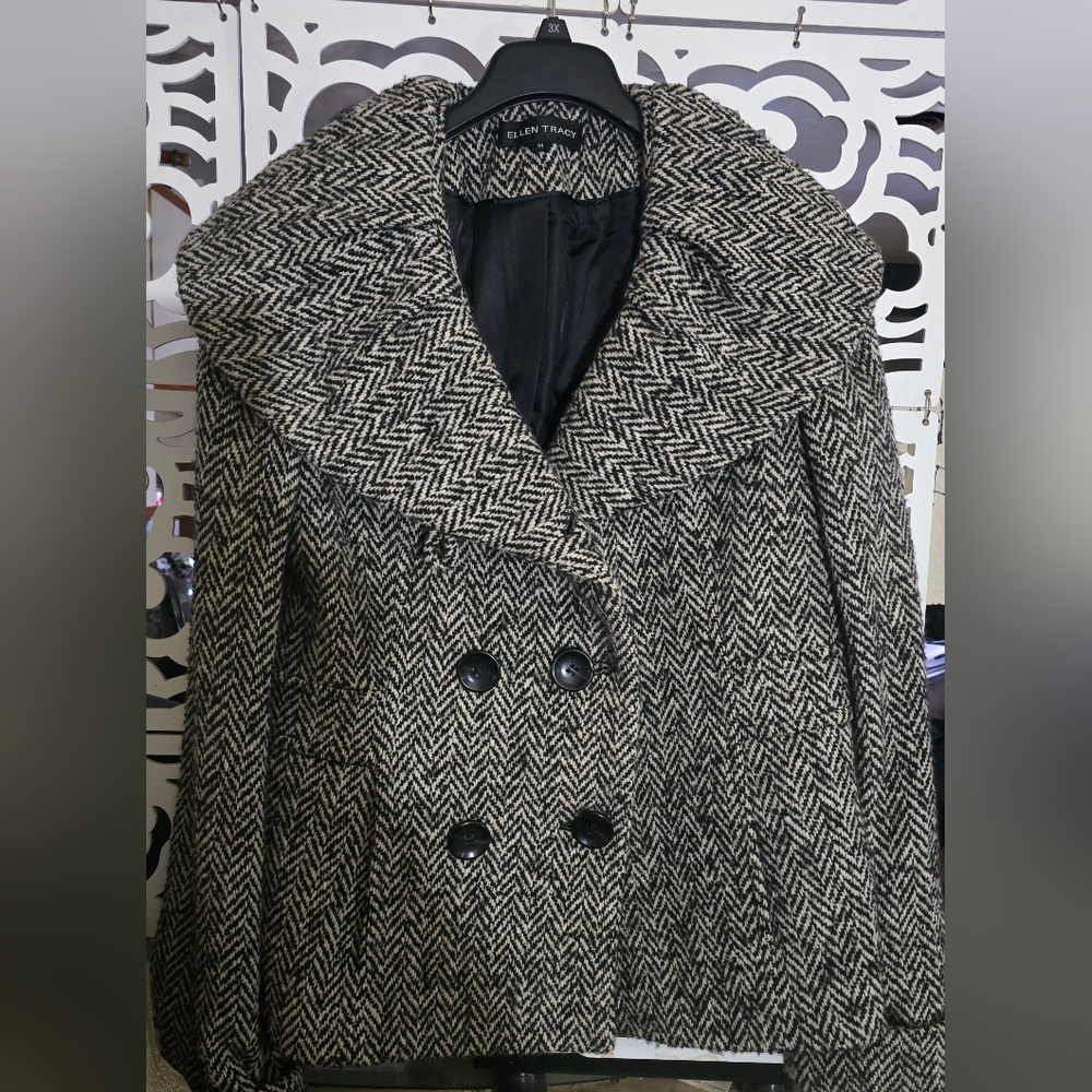 Ellen Tracy Black & Cream Herringbone/Tweed Jacket/Size 14